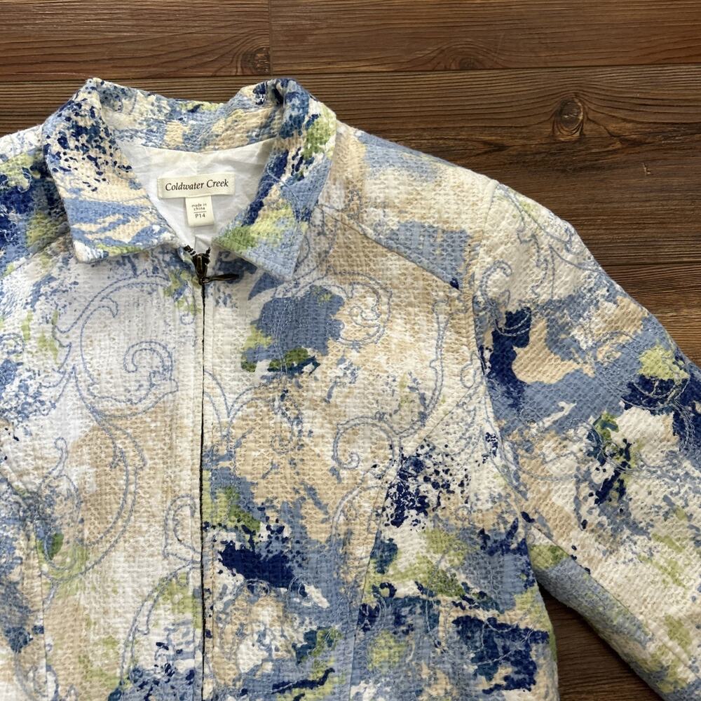 Coldwater Creek Blue White Painterly Floral Front Zip Jacket Size 14P MSRP $119 - Picture 3 of 10